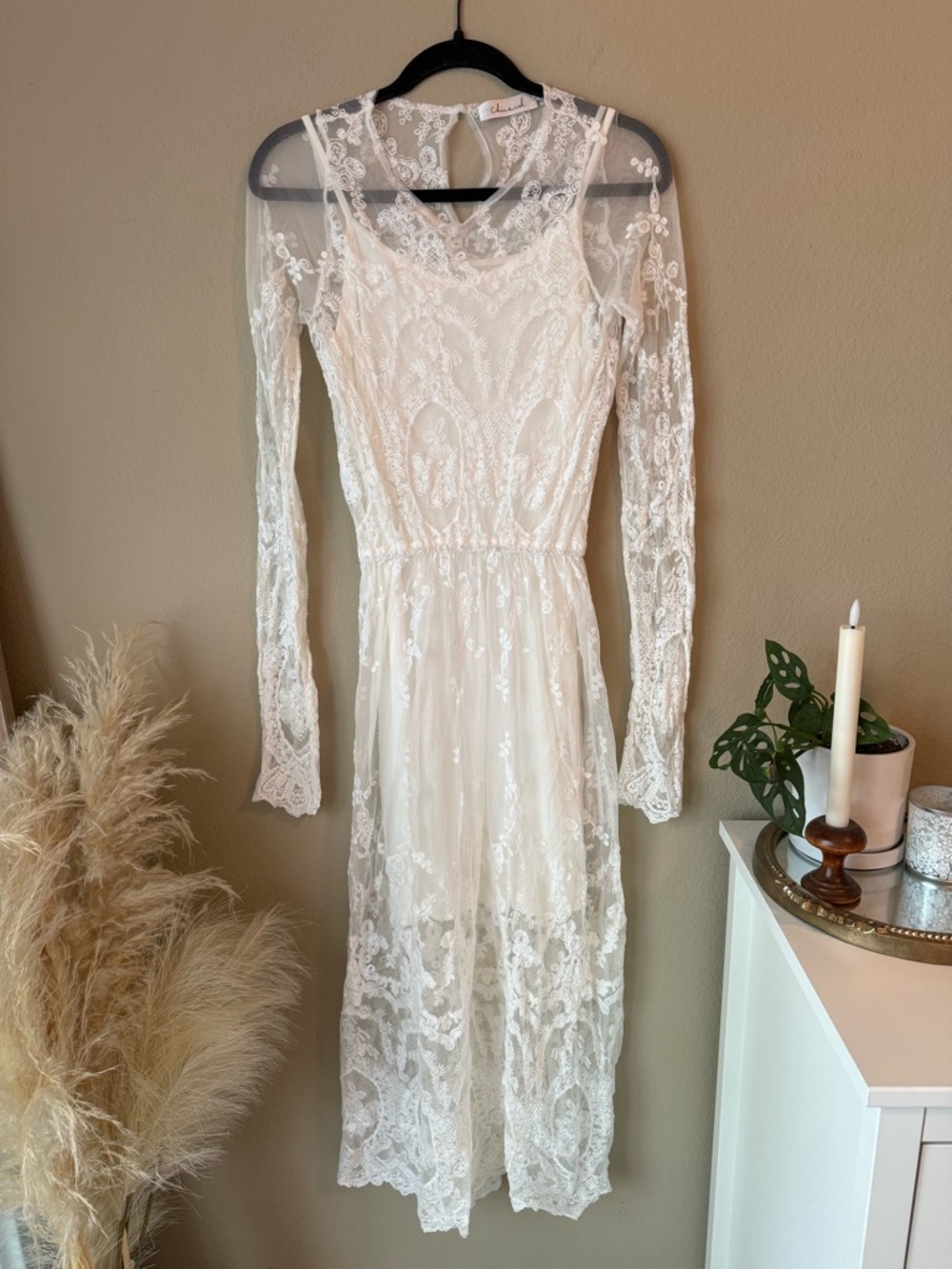 Chicwish White Sheer Lace Long Sleeve Midi Dress Layered Slip Bride Bridal